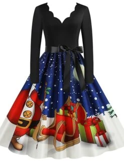 Women's Christmas Party Dress Knee Length Dress Purple Royal Blue Dark Blue Red Black Long Sleeve Elk Tree Bell Bow Print Fall Winter V Neck Vintage Elegant Party 2022 -Casual Print Dress Sales qpdpjk1632996776422
