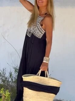 Women's Casual Dress Swing Dress Summer Dress Geometric Color Block Print Strap Long Dress Maxi Dress Fashion Streetwear Outdoor Daily Sleeveless Loose Fit Black Summer Spring S M L XL XXL -Casual Print Dress Sales qpwkbc1691478776479