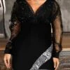 Women‘s Plus Size Curve Party Dress Solid Color V Neck Mesh Long Sleeve Spring Fall Casual Sequins Prom Dress Mini Dress Party Evening Party Dress Black Dress Sequin Dress