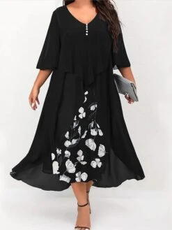 Women's Plus Size Curve Work Dress Floral V Neck Ruched 3/4 Length Sleeve Spring Summer Work Elegant Midi DressLayered Formal Vacation Dress -Casual Print Dress Sales qqdltc1682673814162