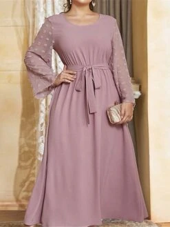 Women's Plus Size Work Dress Swing Dress Semi Formal Dress Fashion Long Dress Maxi Dress Lace Up Crew Neck Long Sleeve Plain Regular Fit Purple Fall Winter L XL XXL 3XL 4XL -Casual Print Dress Sales qqjitf1693300528403