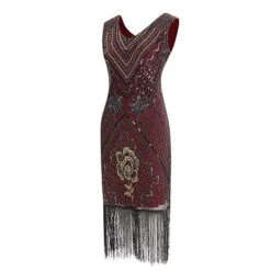 Women's Retro 1920s Fringe Dress Midi Dress Party Halloween Sequins Tassel Fringe Floral V Neck Sleeveless Regular Fit Spring Fall 2023 Black Red S M L XL -Casual Print Dress Sales qrklth1692849479167