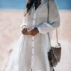Women's Cover Up Beach Dress Beach Wear Midi Dress Button Basic Casual Plain Stand Collar Long Sleeve Loose Fit Outdoor Daily White 2023 Fall Spring One Size