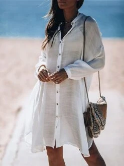Women's Cover Up Beach Dress Beach Wear Midi Dress Button Basic Casual Plain Stand Collar Long Sleeve Loose Fit Outdoor Daily White 2023 Fall Spring One Size