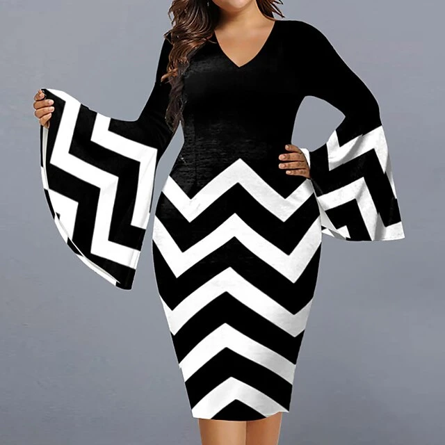 Women‘s Plus Size Curve Party Dress Geometry V Neck Split Long Sleeve Fall Winter Casual Prom Dress Knee Length Dress Casual Daily DressPrint 1 Women‘s Plus Size Curve Party Dress Geometry V Neck Split Long Sleeve Fall Winter Casual Prom Dress Knee Length Dress Casual Daily DressPrint