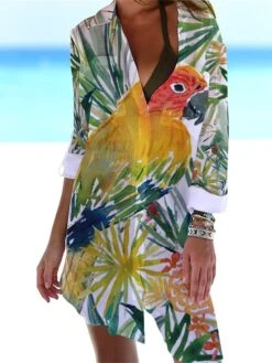 Women‘s Shirt Dress Cover Up Beach Dress Beach Wear Mini Dress Pocket Print Fashion Casual Floral Turndown 3/4 Length Sleeve Loose Fit Outdoor Daily White Yellow 2023 Spring Summer S M L XL -Casual Print Dress Sales qtacjb1675938179889