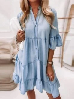 Women's Denim Dress Casual Dress Denim Shirt Dress Midi Dress Denim Casual Outdoor Daily Vacation V Neck Button Half Sleeve Summer Spring Fall 2023 Loose Fit Light Blue Pure Color S M L XL XXL