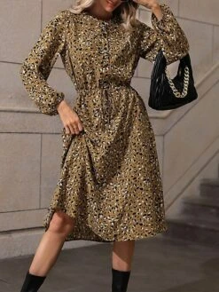 Women's Shirt Dress Casual Dress Midi Dress Outdoor Daily Date Polyester Basic Classic Shirt Collar Lace Up Button Long Sleeve Spring Fall Winter 2023 Loose Fit Khaki Polka Dot S M L XL