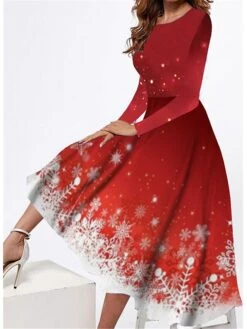 Women's Christmas Casual Dress Swing Dress Midi Dress Wine Long Sleeve Snowflake Pocket Winter Fall Autumn Round Neck Fashion Daily Weekend 2022 S M L XL XXL 3XL