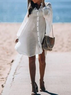 Women's Cover Up Beach Dress Beach Wear Midi Dress Button Basic Casual Plain Stand Collar Long Sleeve Loose Fit Outdoor Daily White 2023 Fall Spring One Size -Casual Print Dress Sales quglse1673421341877