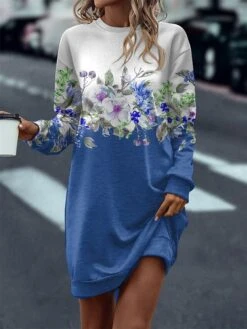 Women's Sweatshirt Dress Casual Dress Mini Dress Warm Fashion Outdoor Vacation Going Out Crew Neck Print Floral Regular Fit Red Blue Fuchsia S M L XL XXL -Casual Print Dress Sales qvgulk1697538864816