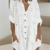 Women's Shirt Dress Casual Dress Shift Dress Mini Dress Outdoor Daily Vacation Polyester Fashion Casual Stand Collar Button Pocket Long Sleeve Summer Spring Fall 2023 Regular Fit White Pink Butterfly