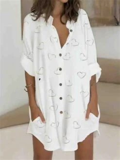 Casual Print Dress Sales 27 Women's Shirt Dress Casual Dress Shift Dress Mini Dress Outdoor Daily Vacation Polyester Fashion Casual Stand Collar Button Pocket Long Sleeve Summer Spring Fall 2023 Regular Fit White Pink Butterfly