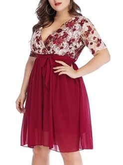 Women‘s Plus Size Curve Party Dress Cocktail Dress Wedding Guest Dress Midi Dress Black Wine Short Sleeve Floral Lace Up Summer Spring Fall V Neck Fashion Birthday Wedding Guest Vacation 2023 -Casual Print Dress Sales qvtmqk1691399401654
