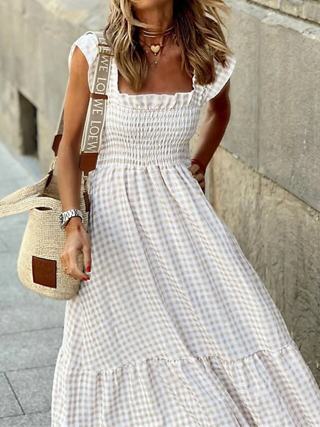 Women's Casual Dress Swing Dress Long Dress Maxi Dress White Sleeveless Plaid Ruffle Spring Summer Square Neck Weekend 2023 S M L XL 2 Women's Casual Dress Swing Dress Long Dress Maxi Dress White Sleeveless Plaid Ruffle Spring Summer Square Neck Weekend 2023 S M L XL - Image 2