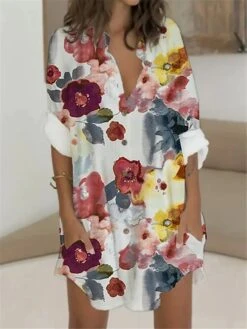 Women's Shirt Dress Casual Dress Shift Dress Mini Dress Outdoor Daily Vacation Polyester Fashion Casual Stand Collar Button Pocket Long Sleeve Summer Spring Fall 2023 Regular Fit Red Blue Green Floral -Casual Print Dress Sales qwqjze1679383075334