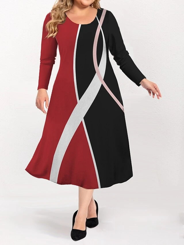Women's Plus Size Curve Casual Dress Skater Dress A Line Dress Geometric Color Block Midi Dress Long Sleeve Print Crew Neck Fashion Outdoor Red Blue Fall Winter L XL XXL 3XL 4XL 1 Women's Plus Size Curve Casual Dress Skater Dress A Line Dress Geometric Color Block Midi Dress Long Sleeve Print Crew Neck Fashion Outdoor Red Blue Fall Winter L XL XXL 3XL 4XL