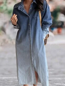 Women's Shirt Dress Casual Dress Maxi Long Dress Outdoor Daily Vacation Denim Fashion Modern Shirt Collar Button Pocket Long Sleeve Spring Fall Winter 2023 Loose Fit Blue Ombre M