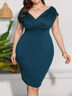 Women‘s Plus Size Curve Work Dress Sheath Dress Semi Formal Dress Fashion Midi Dress Ruched V Neck Short Sleeve Plain Regular Fit Black Red Blue Summer Spring L XL XXL 3XL 4XL -Casual Print Dress Sales qxqedt1691398212808