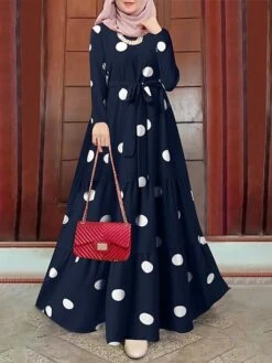 Women's Vintage Dress Kaftan Dress Polka Dot Dress Long Dress Maxi Dress Yellow Wine Navy Blue Long Sleeve Polka Dot Lace Up Spring Fall Winter Crew Neck Muslim Vacation Loose Fit 2023 S M L XL XXL -Casual Print Dress Sales qyaamm1670928750707