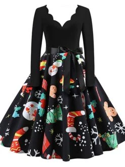 Women's Christmas Retro 1950s Vintage Dress Midi Dress Party Ruched Bow Fruit V Neck Long Sleeve Regular Fit Fall Winter 2023 Deep Green Black S M L XL -Casual Print Dress Sales qyaulc1695363821357