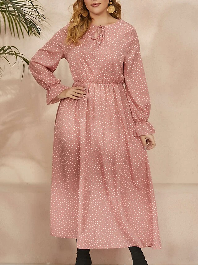 Women's Plus Size Party Dress Wedding Guest Dress Black Dress Long Dress Maxi Dress Black Pink Red Long Sleeve Polka Dot Lace Up Spring Fall Winter Crew Neck Fashion Winter Dress Evening Party 4 Women's Plus Size Party Dress Wedding Guest Dress Black Dress Long Dress Maxi Dress Black Pink Red Long Sleeve Polka Dot Lace Up Spring Fall Winter Crew Neck Fashion Winter Dress Evening Party - Image 4