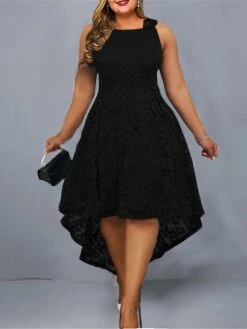 Women‘s Plus Size Curve Party Dress Lace Dress Cocktail Dress Solid Color Long Dress Maxi Dress Sleeveless Lace Plus High Low Crew Neck Modern Party Black Wine Spring Summer L XL XXL 3XL 4XL