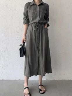 Women's Shirt Dress Casual Dress Maxi Long Dress Outdoor Daily Date Polyester Fashion Classic Shirt Collar Button Pocket Long Sleeve Fall Winter 2023 Loose Fit ArmyGreen Black Brown Pure Color S M L -Casual Print Dress Sales qyells1693535850555