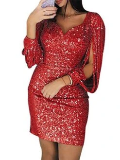 Women‘s Plus Size Curve Party Dress Solid Color V Neck Sequins Long Sleeve Fall Spring Formal Casual Sequins Short Mini Dress Casual Daily Dress Cotton Sequin Dress Homecoming Dress -Casual Print Dress Sales qyggke1645172204692