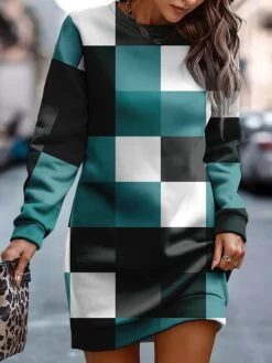 Women's Casual Dress Sweatshirt Dress Mini Dress Warm Fashion Outdoor Holiday Vacation Crew Neck Print Geometric Loose Fit Blue Brown Green S M L XL XXL