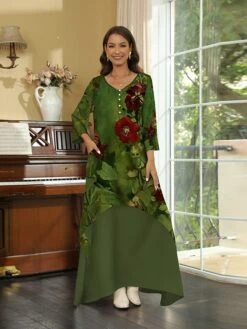 Women's Casual Dress Winter Dress Print Dress Floral Button Pocket Crew Neck Long Dress Maxi Dress Vintage Outdoor Daily 3/4 Length Sleeve Regular Fit Brown Green Fall Winter S M L XL 3XL