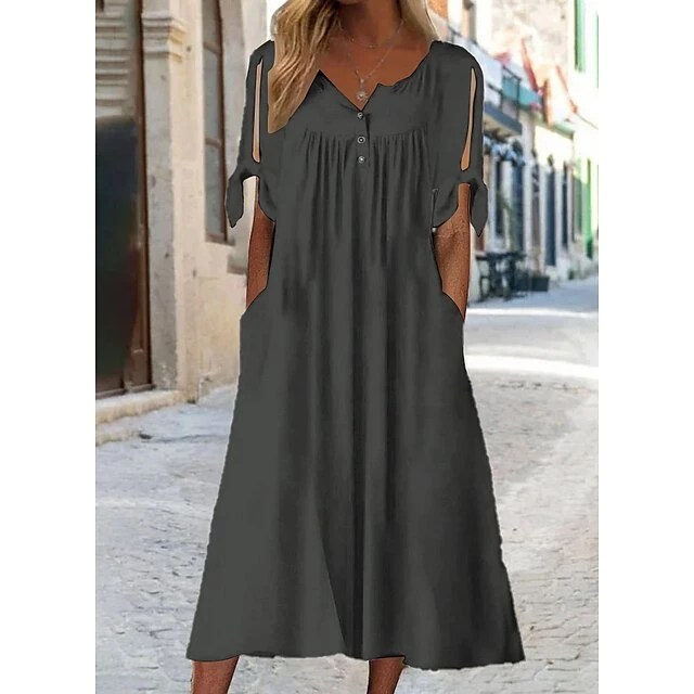 Women's Casual Dress Shift Dress White Dress Midi Dress White Short Sleeve Pure Color Button Summer Spring V Neck Basic Vacation Loose Fit 2023 S M L XL XXL 3XL 10 Women's Casual Dress Shift Dress White Dress Midi Dress White Short Sleeve Pure Color Button Summer Spring V Neck Basic Vacation Loose Fit 2023 S M L XL XXL 3XL - Image 10