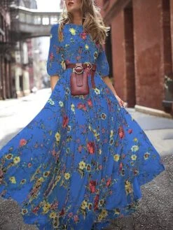Women's Casual Dress Swing Dress Floral Dress Chiffon Spring Summer Dress Long Dress Maxi Dress Boho Dress Green Blue White 3/4 Length Sleeve Floral Print Crew Neck 2023 S M L XL XXL