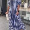 Women's Casual Dress Summer Dress Print Dress Stripe Button Print Split Neck Long Dress Maxi Dress Fashion Streetwear Outdoor Street Short Sleeve Loose Fit Black Red Blue Summer Spring S M L XL XXL