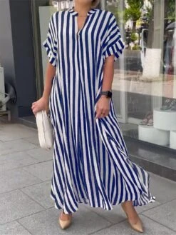 Women's Casual Dress Summer Dress Print Dress Stripe Button Print Split Neck Long Dress Maxi Dress Fashion Streetwear Outdoor Street Short Sleeve Loose Fit Black Red Blue Summer Spring S M L XL XXL