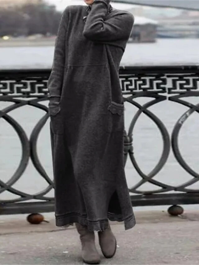 Women's Casual Dress Sweater Dress Sweatshirt Dress Maxi Long Dress Black Army Green Red Long Sleeve Pure Color Pocket Spring Fall Winter Crew Neck Fashion Vacation Fall Dress 2023 S M L XL XXL 3XL 2 Women's Casual Dress Sweater Dress Sweatshirt Dress Maxi Long Dress Black Army Green Red Long Sleeve Pure Color Pocket Spring Fall Winter Crew Neck Fashion Vacation Fall Dress 2023 S M L XL XXL 3XL - Image 2