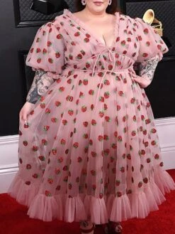 Women‘s Plus Size Curve Party Dress Swing Dress A Line Dress Strawberry Long Dress Maxi Dress Half Sleeve Mesh Patchwork V Neck Fashion Party Pink Spring Summer L XL XXL 3XL 4XL -Casual Print Dress Sales ragisu1676963392360