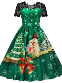Women's Christmas Swing Dress Vintage DressKnee Length Dress Green Wine Dark Green Fuchsia Red Black Short Sleeve Santa Claus Snowman Snowflake Lace Print Fall Winter V Neck Vacation Vintage 2022 S -Casual Print Dress Sales rahibo1665293365313