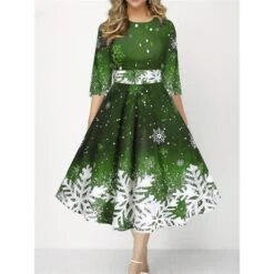 Women's Christmas Skater Dress Print DressMidi Dress Green Purple Dark Red Dark Blue Black 3/4 Length Sleeve Print Snowflake Patchwork Print Fall Winter Crew Neck Fashion Party 2022 S M L XL 2XL 3XL -Casual Print Dress Sales raqfwe1665489401166