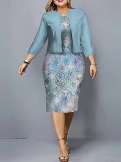 Women's Plus Size Curve Casual Dress Dress Set Two Piece Dress Floral Geometric Midi Dress Long Sleeve Print Crew Neck Fashion Outdoor Pink Navy Blue Fall Winter L XL XXL 3XL 4XL