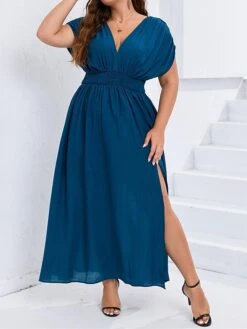 Women's Plus Size Party Dress Wedding Guest Dress Swing Dress Long Dress Maxi Dress Dark Blue Short Sleeve Pure Color Ruched Spring Fall Winter V Neck Fashion Birthday Wedding Guest Vacation 2023 L -Casual Print Dress Sales rataud1693535303630