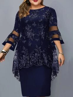 Women's Plus Size Curve Wedding Guest Dress Lace Party Dress Crew Neck Print 3/4 Length Sleeve Mother Dress Spring Fall Dress Elegant Formal Midi Dress Party Cocktail Dress -Casual Print Dress Sales rblcqe1652667652576