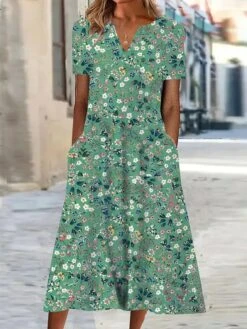 Women's Casual Dress Shift Dress Summer Dress Floral Pocket Print V Neck Midi Dress Active Fashion Outdoor Date Short Sleeve Regular Fit Blue Green Gray Summer Spring S M L XL XXL