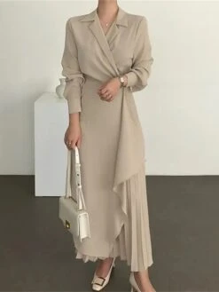 Women's Casual Dress Wrap Dress Plain Dress Long Dress Maxi Dress Pleated Outdoor Street Daily Fashion Streetwear Shirt Collar Long Sleeve 2023 Regular Fit Black Brown Apricot Color S M L XL XXL Size