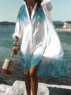 Women's Shirt Dress Cover Up Beach Wear Mini Dress Button Print Fashion Casual Graphic V Neck Long Sleeve Loose Fit Outdoor Daily White 2023 Spring Summer S M L XL