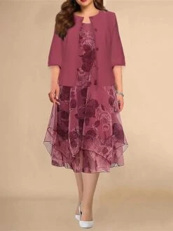 Women's Plus Size Curve Two Piece Dress Set Casual Dress Print Dress Outdoor Daily Fashion Elegant Layered Print Midi Dress Crew Neck 3/4 Length Sleeve Floral Fuchsia Spring Fall L XL XXL 3XL 4XL