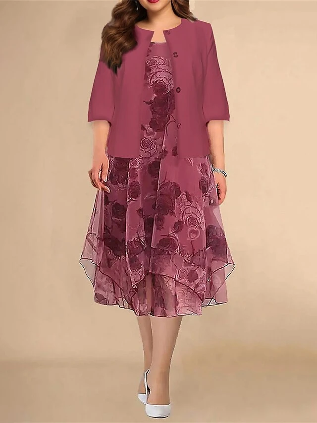 Women's Plus Size Curve Two Piece Dress Set Casual Dress Print Dress Outdoor Daily Fashion Elegant Layered Print Midi Dress Crew Neck 3/4 Length Sleeve Floral Fuchsia Spring Fall L XL XXL 3XL 4XL 1 Women's Plus Size Curve Two Piece Dress Set Casual Dress Print Dress Outdoor Daily Fashion Elegant Layered Print Midi Dress Crew Neck 3/4 Length Sleeve Floral Fuchsia Spring Fall L XL XXL 3XL 4XL