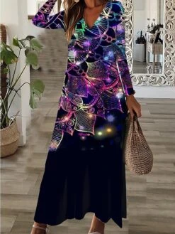 Women's Casual Dress T Shirt Dress Tee Dress Winter Dress Graphic Pocket Print Lace Up Neck Long Dress Maxi Dress Fashion Streetwear Outdoor Daily Long Sleeve Regular Fit Purple Fall Winter S M L XL