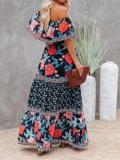 Women's Boho Dress Beach Dress Beach Wear Long Dress Maxi Dress Ruffle Print Boho Casual Floral Off Shoulder Short Sleeve Loose Fit Outdoor Daily Black White 2023 Spring Summer S M L XL -Casual Print Dress Sales reikpi1675160151882