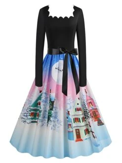Women's Christmas Vintage Dress Swing Dress Mini Dress Black Pink Dark Blue Red Navy Blue Light Blue Long Sleeve Santa Claus Elk Snowman With Belt Print Winter Fall Square Neck 2022 S M L XL -Casual Print Dress Sales rfgfha1666676136515